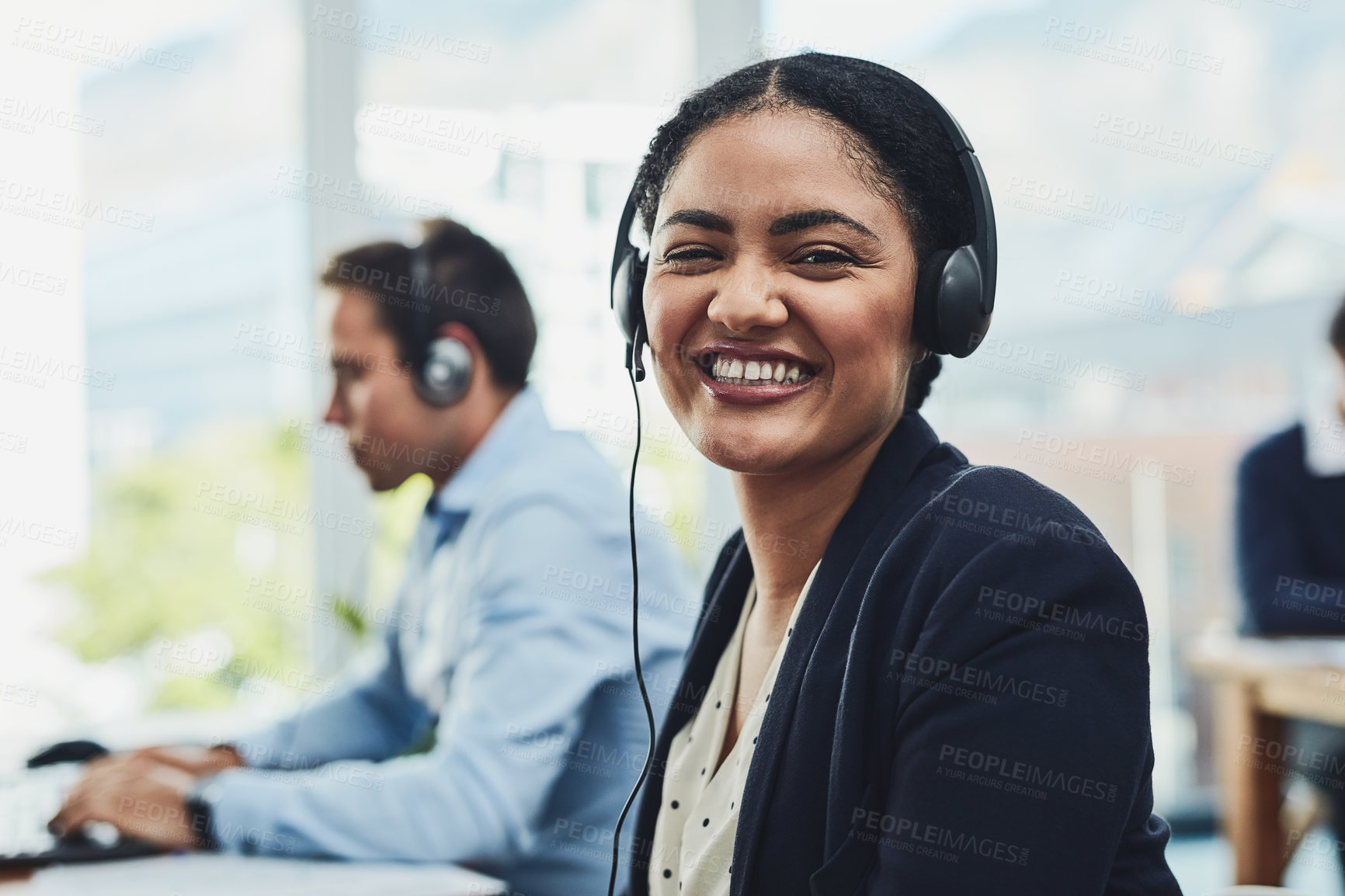 Buy stock photo Business woman, call center and portrait smile with headphones in customer service, support or telemarketing at office. Happy female consultant agent smiling for online advice or help in contact us