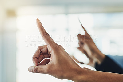 Buy stock photo Closeup shot of unrecognizable people raising their hands to ask a question