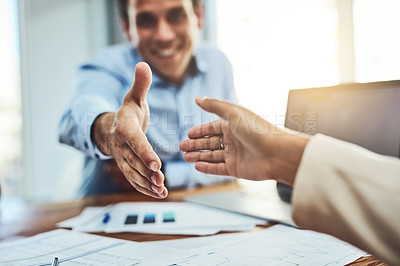 Buy stock photo Business people, handshake and meeting for partnership, b2b or deal agreement at the office. Businessman shaking hands in greeting, welcome or hiring in recruitment, teamwork or growth at workplace