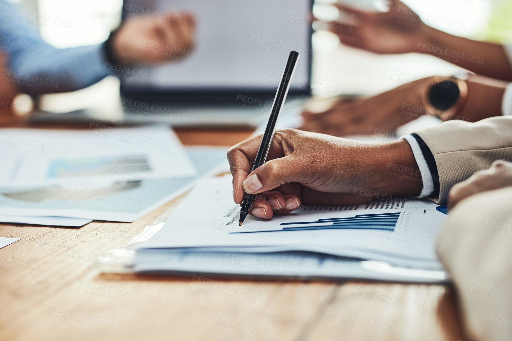 Buy stock photo Business analyst hands writing on paperwork, making notes and checking data, charts and graphs in an office boardroom meeting. Closeup of man monitoring company growth, profit and analyzing documents
