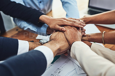 Buy stock photo Hands together, business people in meeting and solidarity, support and team huddle with collaboration. Group of employees working in office, teamwork and mission with hand stack over paperwork