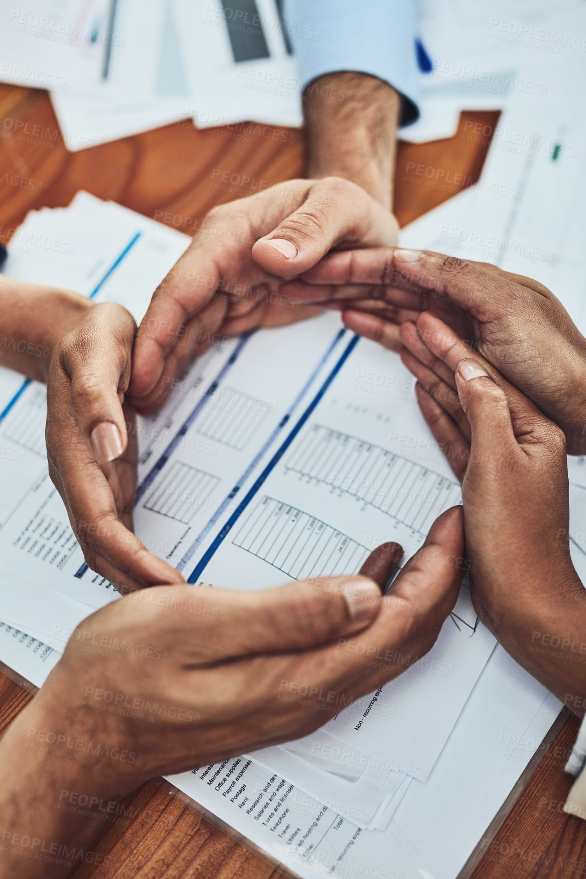 Buy stock photo Hands, collaboration and circle for workflow in office with documents, support and connection. Business people, paperwork and link with synergy, above and solidarity for audit at accounting agency