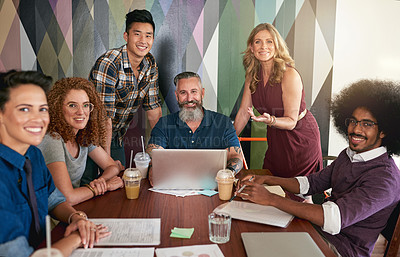 Buy stock photo Cropped shot of creative colleagues having a meeting in a modern office