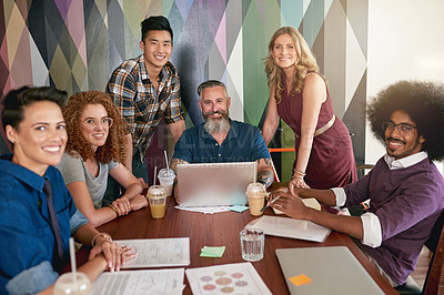 Buy stock photo Portrait, staff and meeting with laptop in cafe for project planning, ideas and feedback of collaboration. People, drinks and paperwork with communication, proposal agenda and teamwork at restaurant