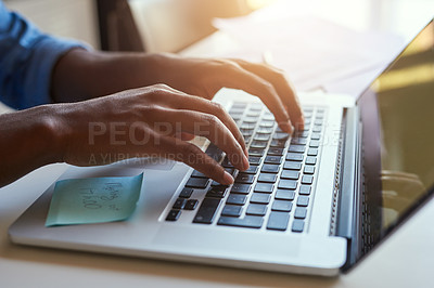 Buy stock photo Business, hands and typing on laptop with person, sticky note and freelance journalist or emailing story. Paper reminder, editing and online article or browse for information, website and home