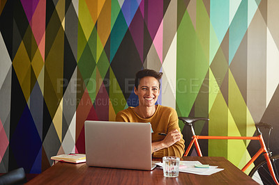 Buy stock photo Happy woman, portrait and designer with laptop for startup career, job opportunity or pride at creative office. Young, female person or employee with smile for schedule planning or design strategy