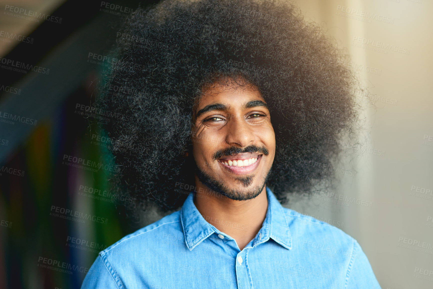 Buy stock photo Afro, happy and portrait with designer man in creative workplace for startup career or profession. Face, small business and smile with confident African developer in office for job as entrepreneur