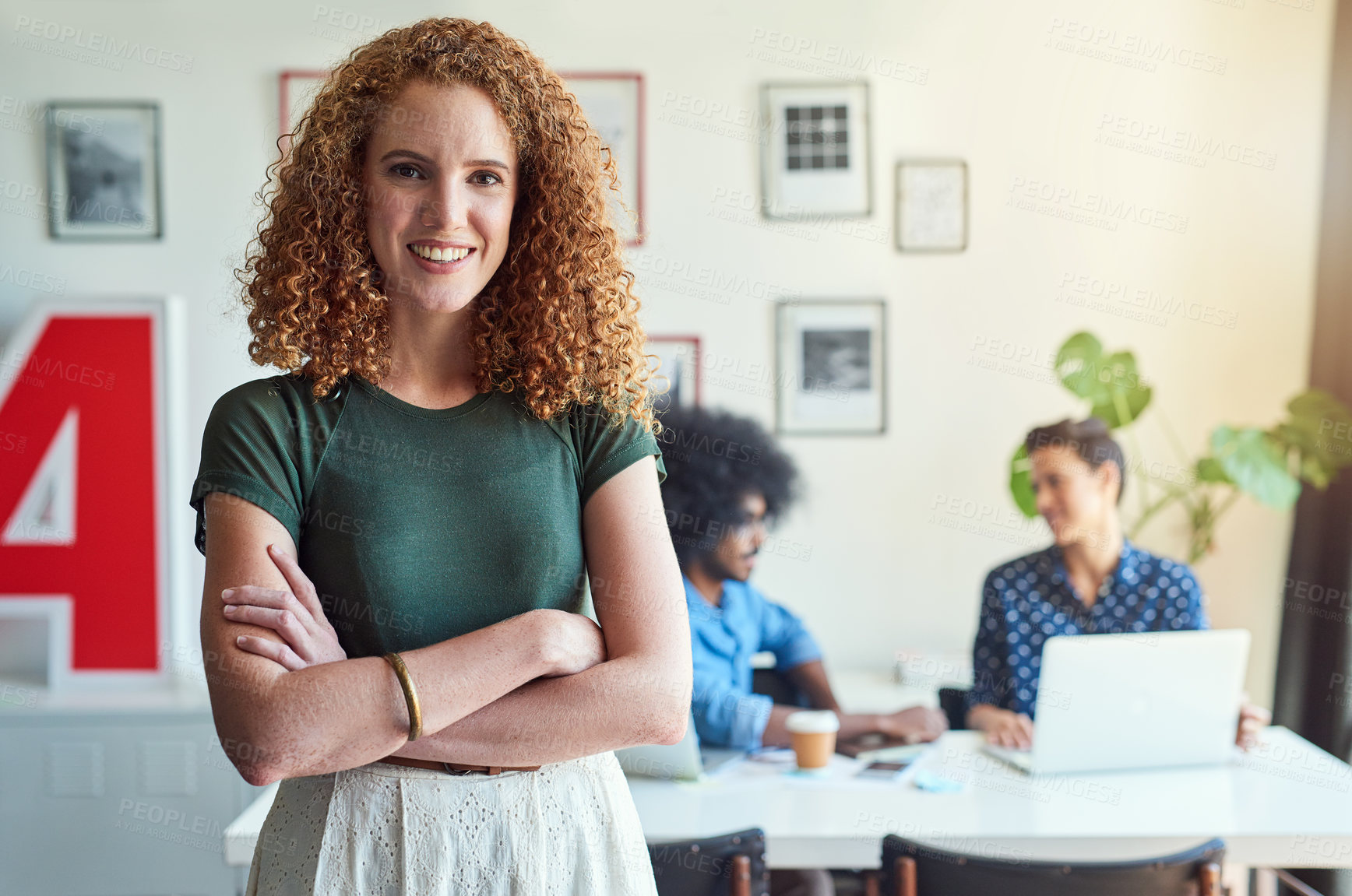 Buy stock photo Portrait, smile and business woman with arms crossed for internship opportunity, pride and career. Face, confidence and happy creative professional, expert and campaign manager coworking at startup