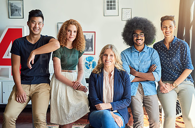 Buy stock photo Portrait of a group of diverse creative employees in a modern office