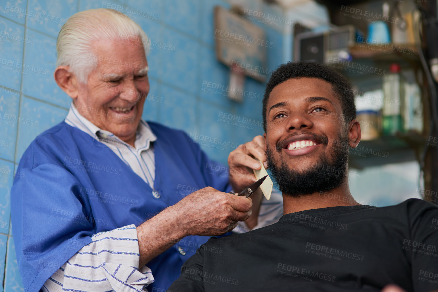 Buy stock photo Barber shop, senior man and client with beard for trimming, cutting and shape for customer facial structure. Small business, male owner and service in salon with  scissors, grooming and entrepreneur