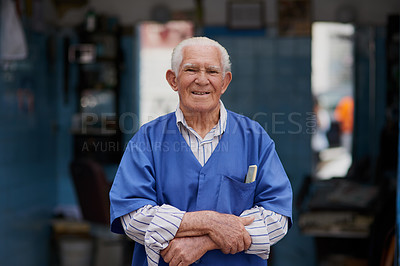 Buy stock photo Barber shop, senior man and happy in portrait for beard trim, cutting and hair care for customer service. Small business, male owner and hairdresser in salon with confidence, smile and entrepreneur