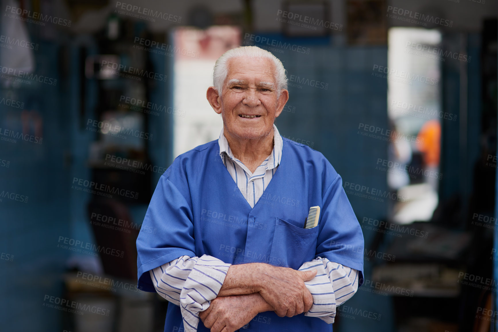 Buy stock photo Portrait of a senior man in his barber shop