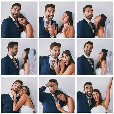 Buy stock photo Composite studio image of a newly married young couple in various fun poses against a gray background