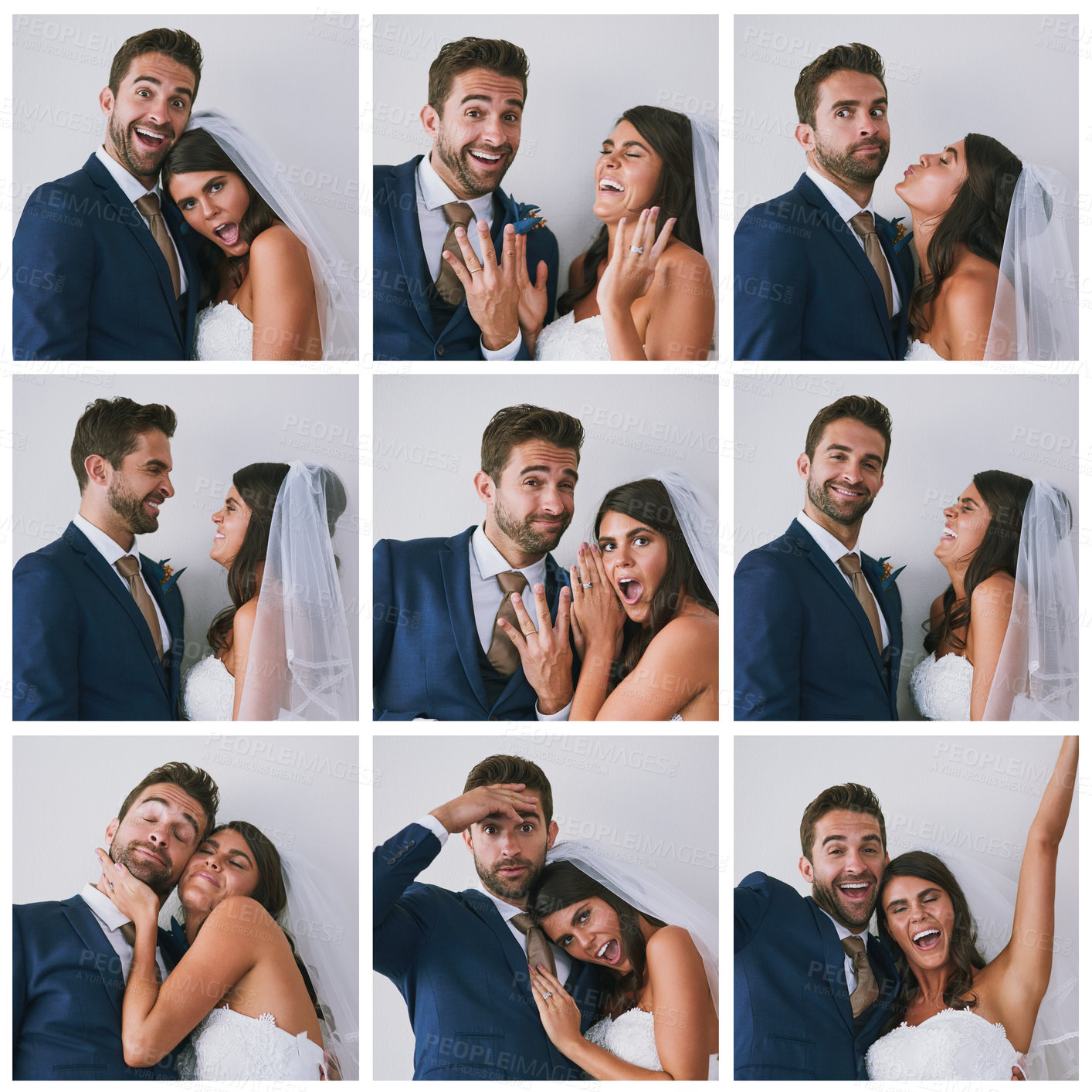 Buy stock photo Composite studio image of a newly married young couple in various fun poses against a gray background