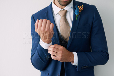 Buy stock photo Fashion, cuff and suit with closeup man hands getting ready in studio on white background. Marriage, celebration and style with confident groom dressing with suave, necktie and clothes for wedding