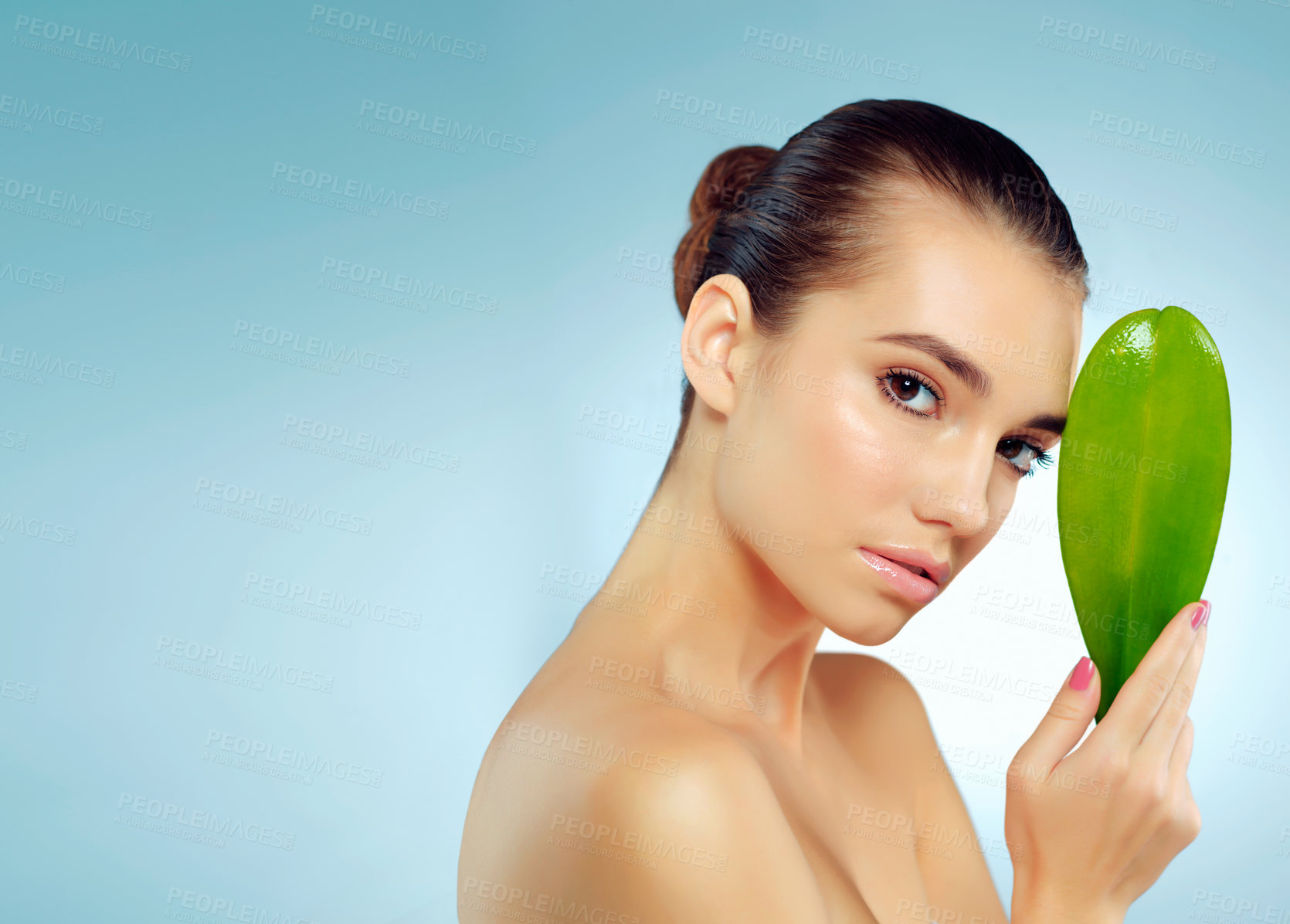 Buy stock photo Woman, portrait and leaf in studio for skincare or natural dermatology, organic treatment and ingredient for cosmetics. Girl, blue background and leave for skin tone, anti aging and mock up space.