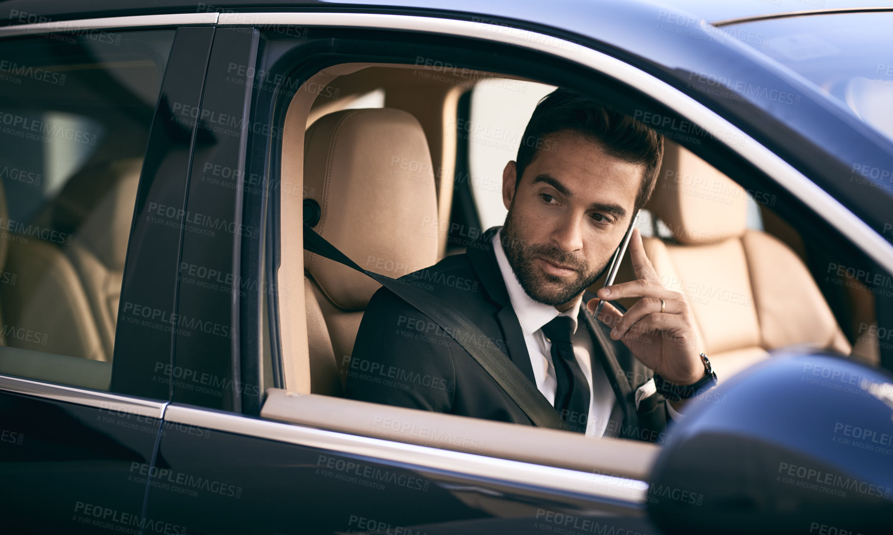 Buy stock photo Business, man and driver with phone call in car for taxi service, online booking and directions to location. Chauffeur, person and talking to contact for transport, travel or communication in vehicle