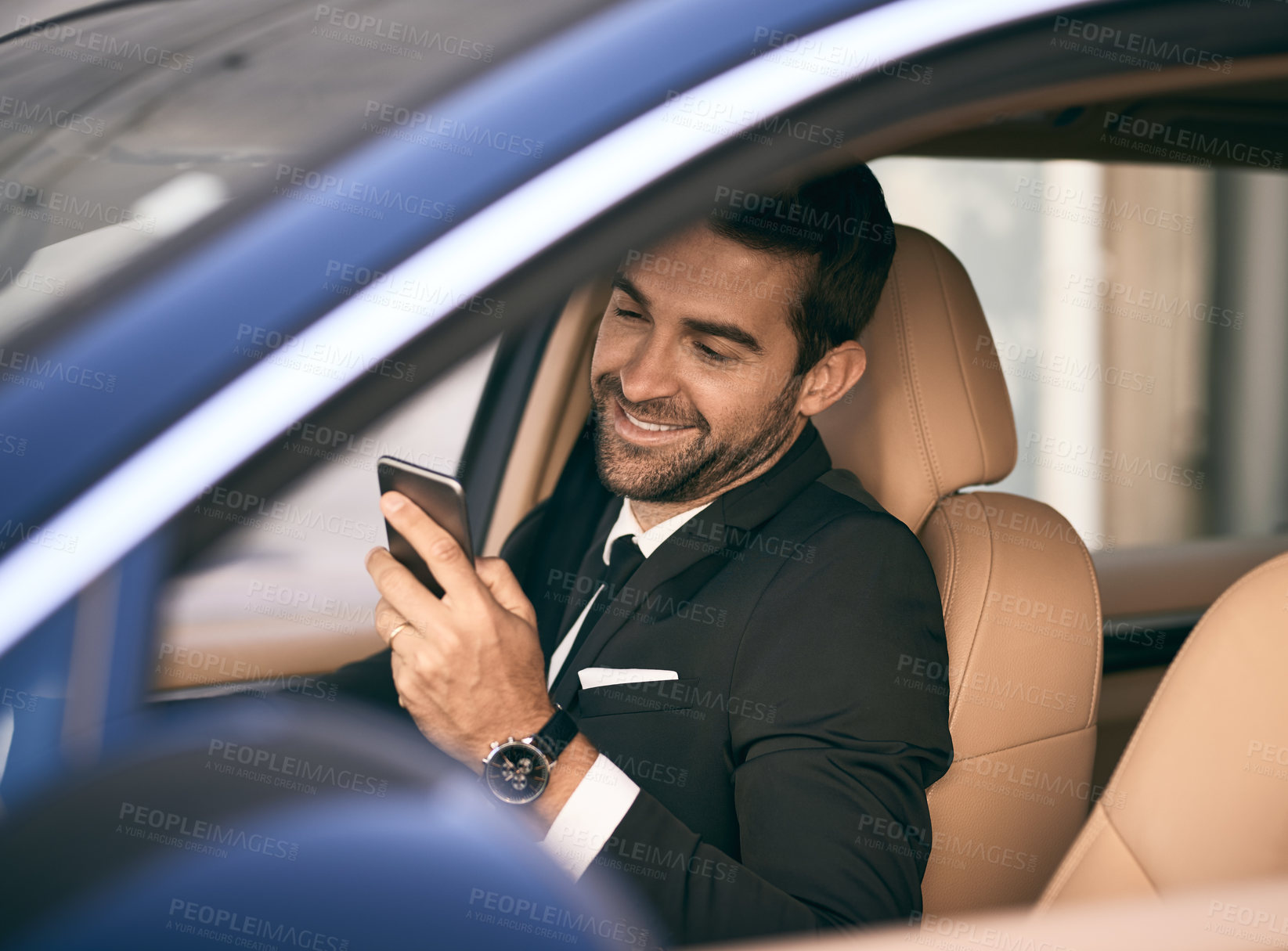 Buy stock photo Business, man and driver in car with phone for communication, reading news and social media of travel. Smile, person and mobile with online location, morning commute and transport traffic for journey