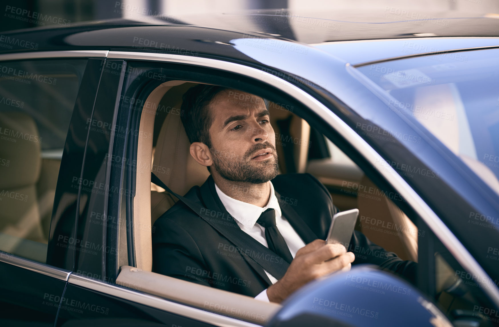 Buy stock photo Driver, business and man with phone in car for lost, travel location and direction route with map. Confused, male person and mobile with navigation, morning commute and transport traffic for journey