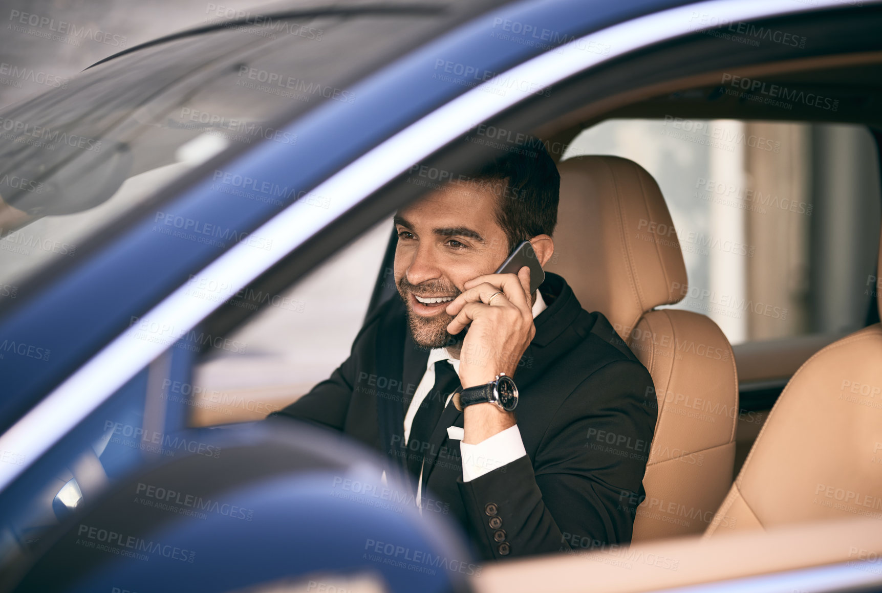 Buy stock photo Business, man and smile with phone call in car for taxi service, online booking and directions to location. Chauffeur, driver and talking to contact for transport, travel or communication in vehicle