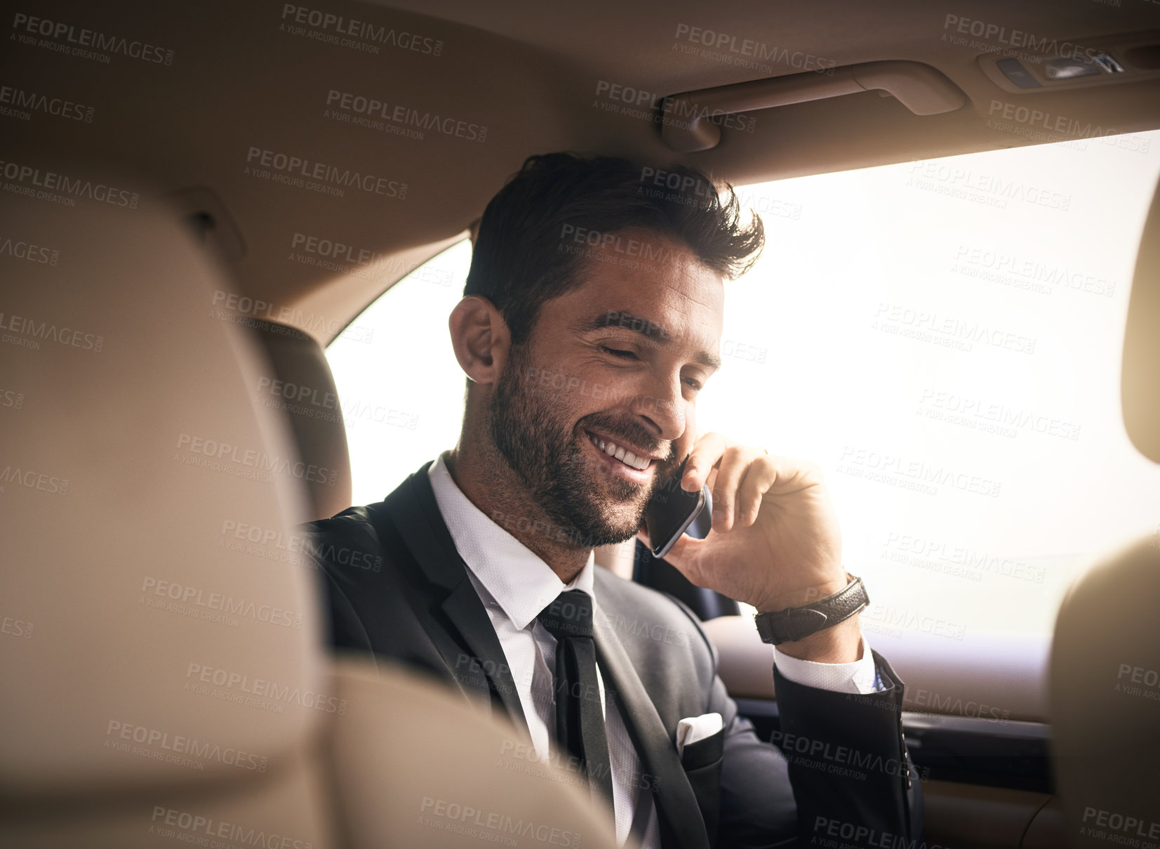 Buy stock photo Business man, car and phone call for transportation service and trip or travel with taxi or cab in city. Corporate lawyer talking on mobile for communication, contact and client chat on drive to work