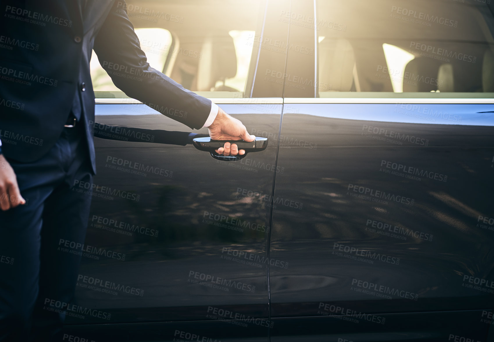 Buy stock photo Hands, chauffeur and car with door handle, commute and style for pride in formal clothes. Male person, transport and fashion in business as professional driver for client, corporate and luxury travel