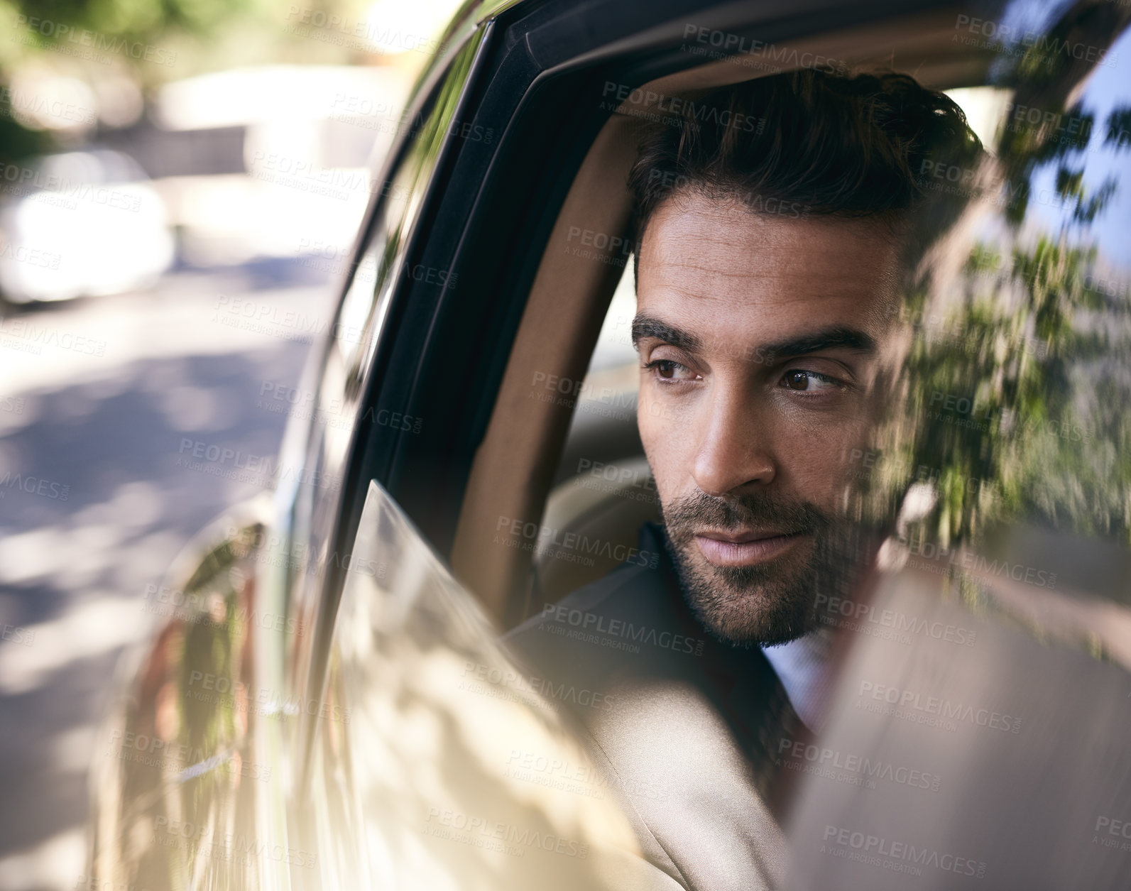 Buy stock photo Businessman, thinking and commute in car for pride, career and ideas as accountant. Male person, transport and planning with window as professional in investment banking or finance for luxury travel