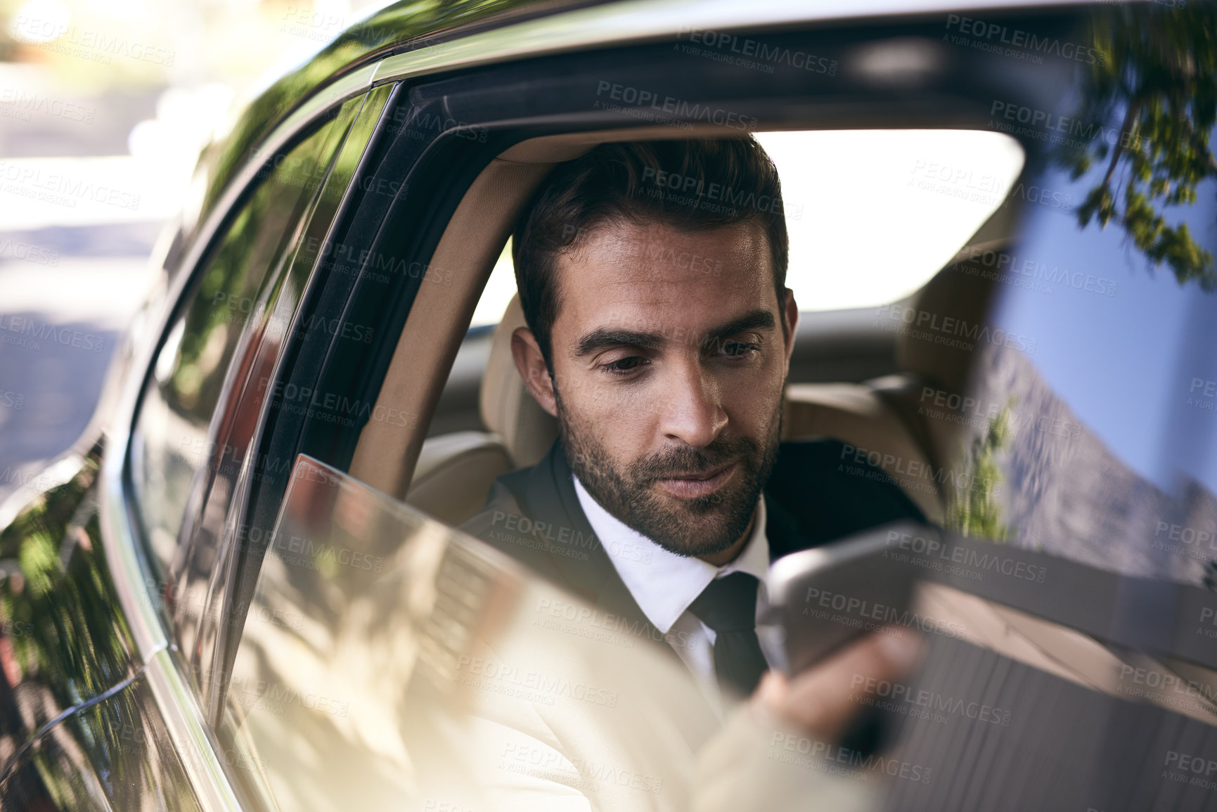 Buy stock photo Business, man and phone with travel in car of communication, reading news and social media for route. Passenger, mobile and map with online location, morning commute and transport traffic for journey