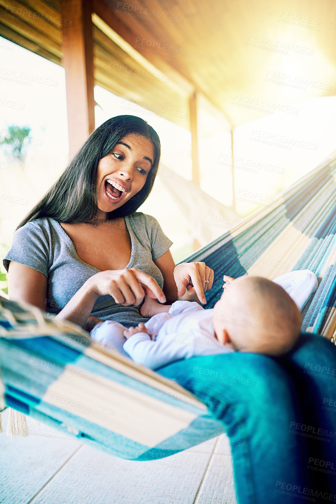 Buy stock photo Mother, baby and bonding with love, care and smile for growth, development or health together in backyard. Woman, happy and newborn child for playing with trust or support for wellness and progress  