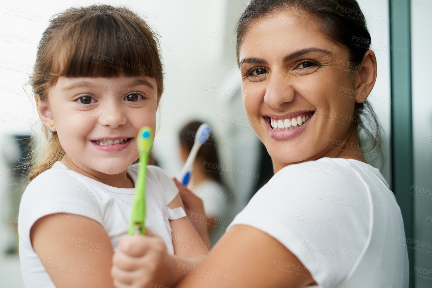 Buy stock photo Mom, child and brushing teeth portrait for dental hygiene, health and wellness learning with smile. Home, bathroom and young girl with toothbrush, teeth and cleaning at morning with love and care