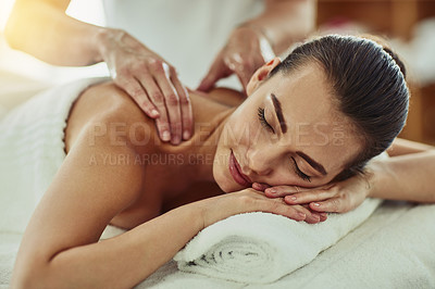 Buy stock photo Relax, peace and massage with woman in spa for wellness, luxury and back pain treatment. Skincare, beauty and zen with female customer and hands of therapist for physical therapy, salon and detox