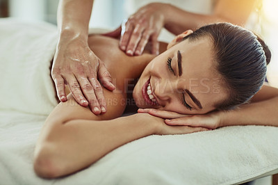 Buy stock photo Smile, beauty and massage with woman in spa for wellness, luxury and relax treatment. Skincare, peace and zen with female customer and hands of therapist for physical therapy, salon and detox