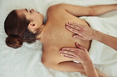 Buy stock photo Relax, back and massage with woman in spa for wellness, luxury and cosmetics treatment from above. Skincare, peace and zen with female customer and hands of therapist for therapy, salon and detox