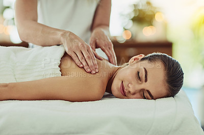 Buy stock photo Relax, therapy and massage with woman in spa for wellness, luxury and healing treatment. Skincare, peace and zen with female customer and hands of therapist for beauty salon, calm and detox
