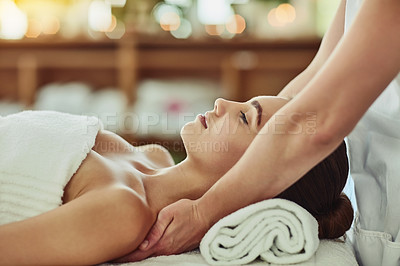 Buy stock photo Relax, skincare and massage with woman in spa for wellness, luxury and muscle pain treatment. Beauty, peace and zen with female customer and hands of therapist for physical therapy, salon and detox
