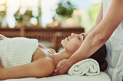 Buy stock photo Luxury, beauty and massage with woman in spa for wellness, relax and cosmetics treatment. Skincare, peace and zen with female customer and hands of therapist for physical therapy, salon and detox