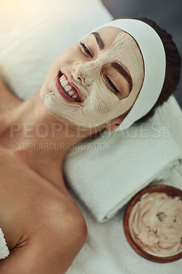 Buy stock photo Woman, spa and smile with mask on bed, above or care for wellness, relax and holiday at luxury resort. Person, cosmetics and skincare for application, moisturizer or exfoliation at lodge for benefits