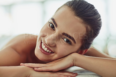 Buy stock photo Portrait, massage and smile with woman at spa for skincare therapy, zen and beauty treatment. Detox, holistic healing and salon with person at hotel resort for cosmetics, wellness center and pamper
