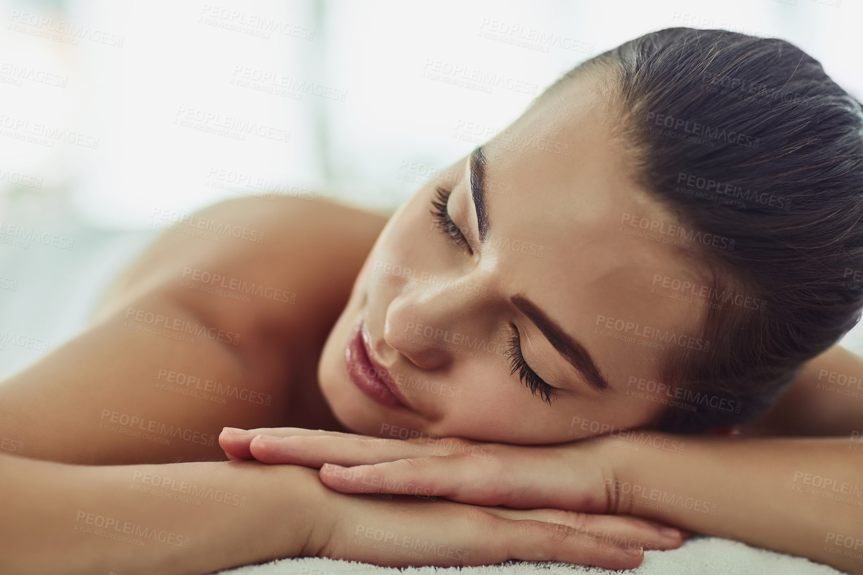 Buy stock photo Relax, massage and health with woman at spa for skincare therapy, zen and beauty treatment. Detox, holistic healing and salon with person at hotel resort for cosmetics, wellness center and pamper
