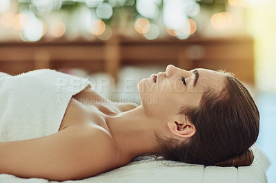 Buy stock photo Customer, massage and relax with woman at spa for skincare therapy, beauty and luxury treatment. Detox, holistic healing and salon with person at hotel for cosmetics, wellness center and pamper