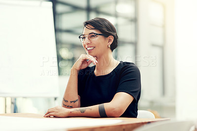 Buy stock photo Woman, office and thinking with smile for idea in meeting for startup company at desk with vision. Happy, hustle and painter in workplace with creative in Norway with talent and canvas with skill 