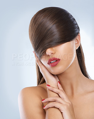 Buy stock photo Hair, salon and hands of woman with manicure in studio on white background for keratin treatment. Face, beauty and nails with confident young haircare model for shampoo, cosmetics or hairdressing