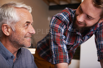 Buy stock photo Carpenter, senior father and happy son in workshop, building and family business for construction. Architecture, apprentice and mentor with man, engineer and smile of creative people bonding together