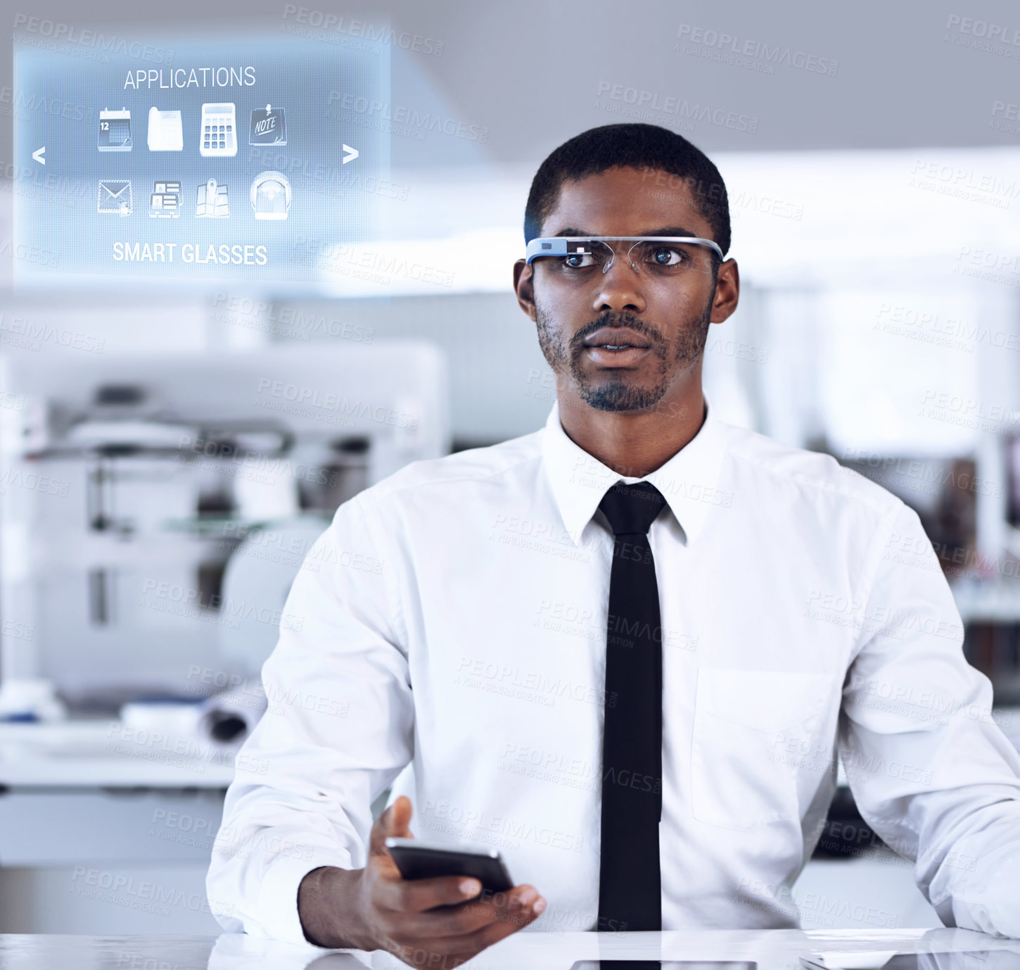 Buy stock photo Cropped shot of a handsome young businessman using smartglasses in his office