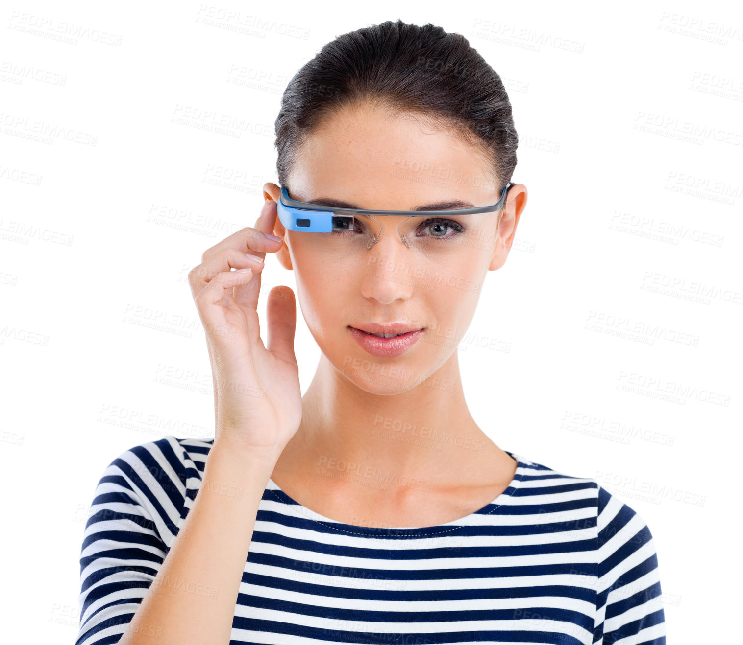 Buy stock photo Studio portrait of an attractive young woman using smartglasses against a white background