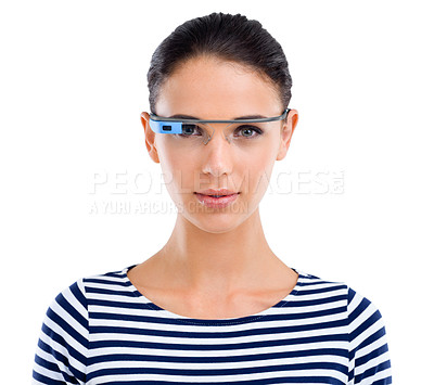 Buy stock photo Studio portrait of an attractive young woman using smartglasses against a white background