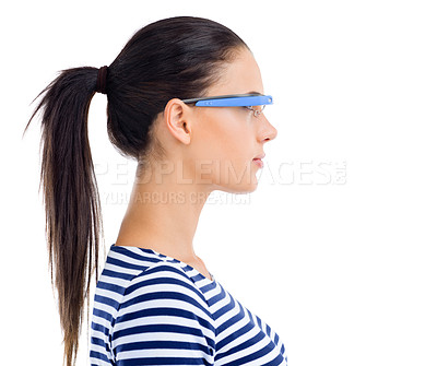 Buy stock photo Studio shot of an attractive young woman using smartglasses against a white background