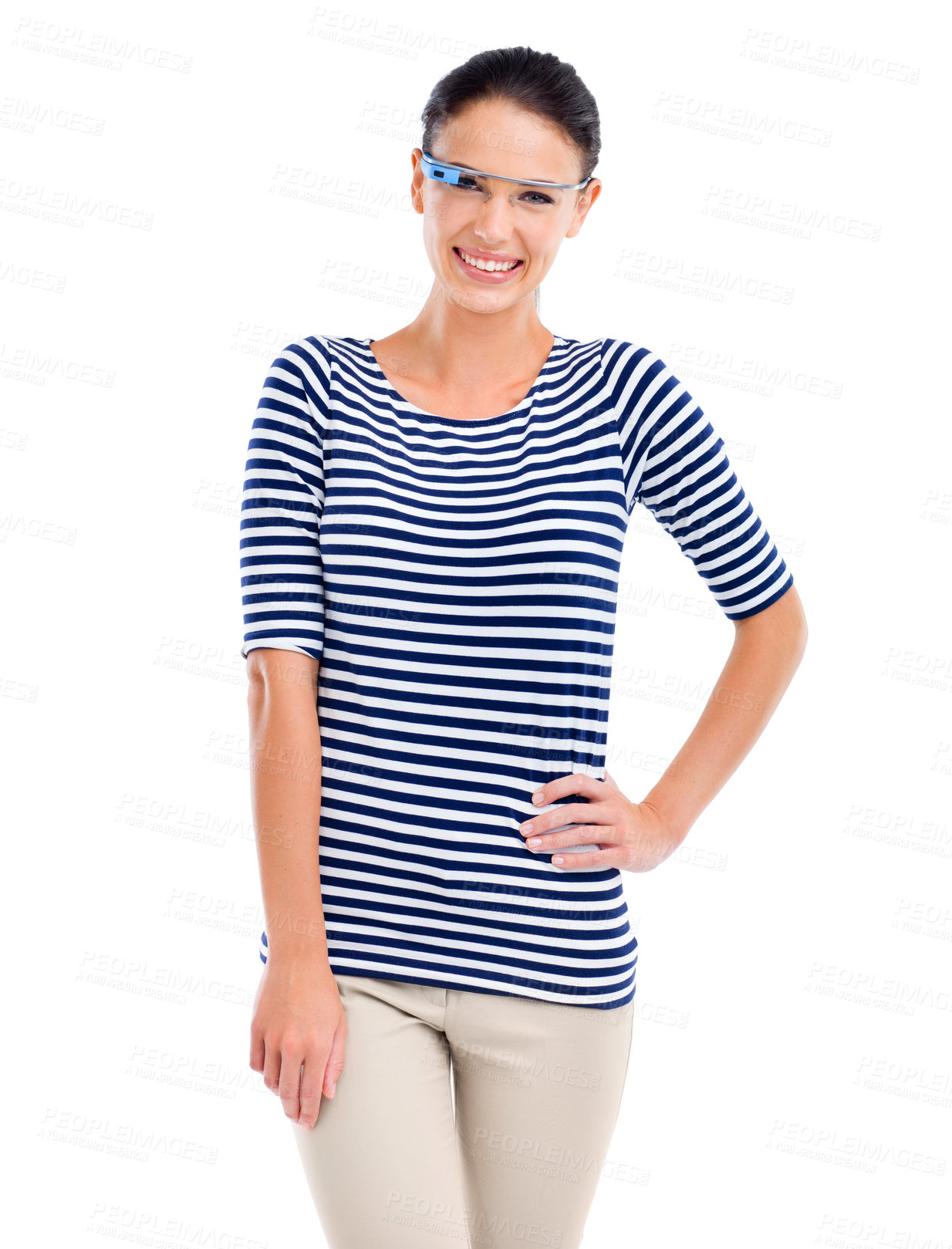 Buy stock photo Studio portrait of an attractive young woman using smartglasses against a white background