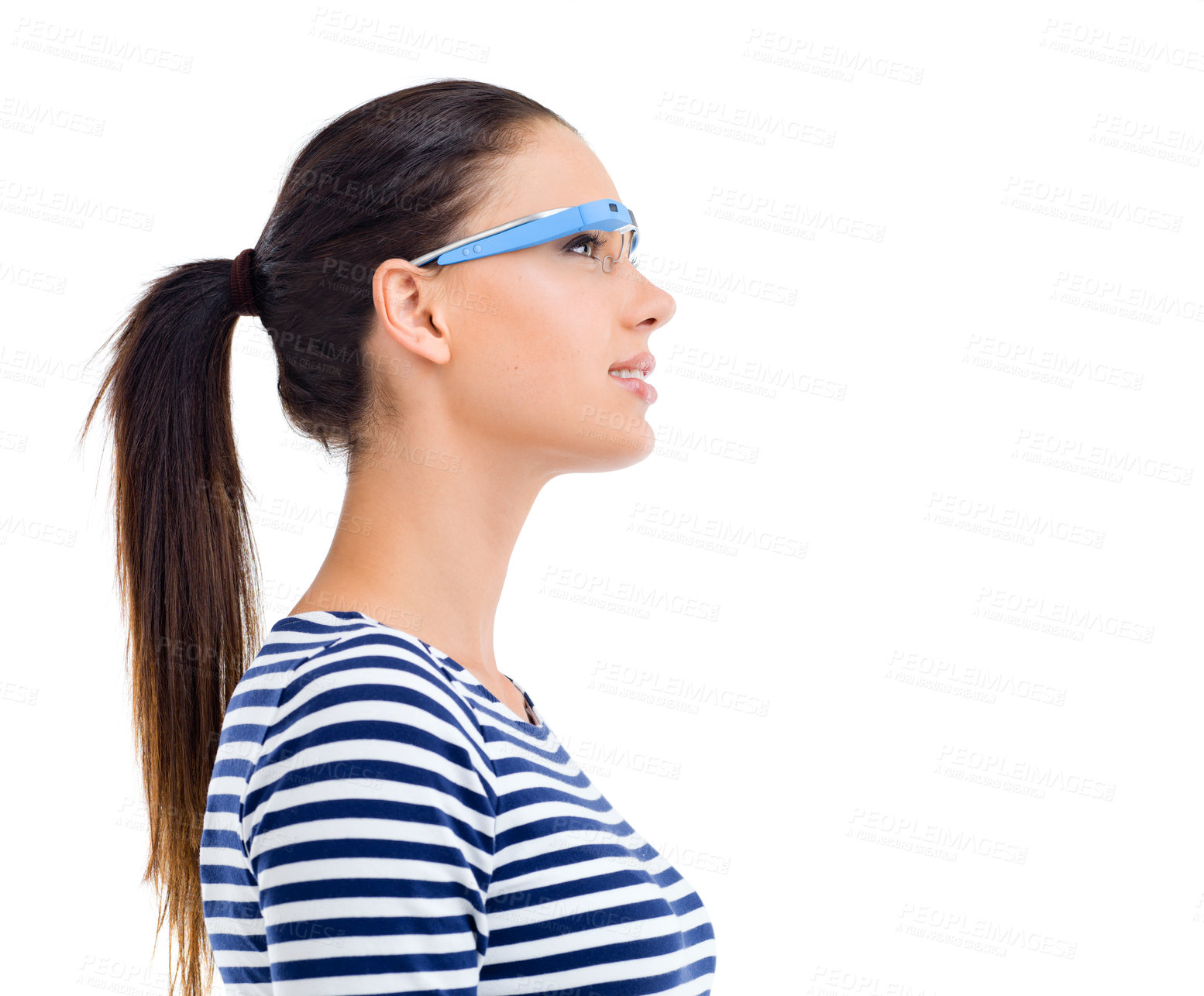 Buy stock photo Studio shot of an attractive young woman using smartglasses against a white background