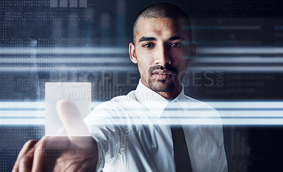 Buy stock photo Shot of a handsome young businessman using a digital interface